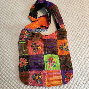 Crossbody Hobo Bag Retro Flower Power Patchwork Cotton Hippie Purse Handmade